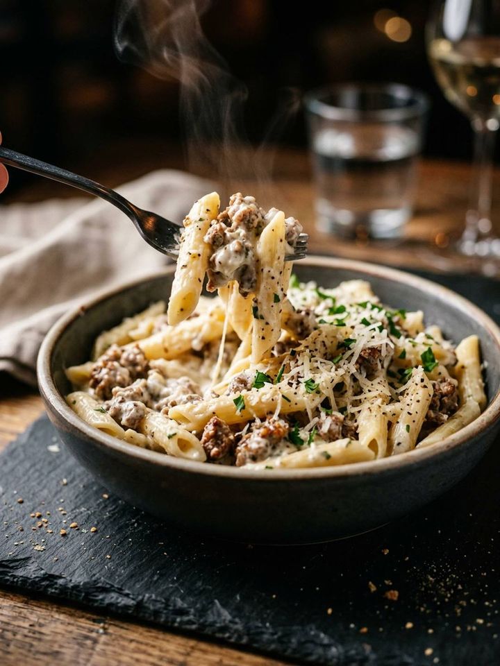 Creamy garlic beef pasta